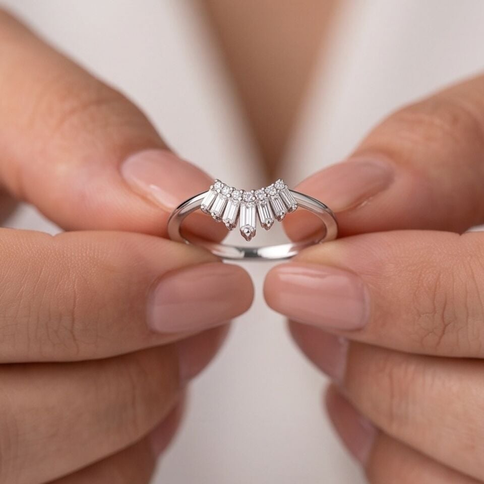 14 Ayar 0,14 Ct Baget Pırlanta Taşlı Taç Tasarım Beyaz Altın Yüzük