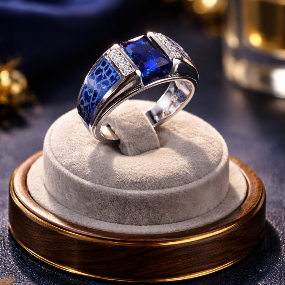 14 AYAR İTALYAN MODEL KENARLARI LACİVERT ÇATLATMA MİNE, ORTA TAŞ SAFİR VE PIRLANTA BEYAZ ALTIN ERKEK