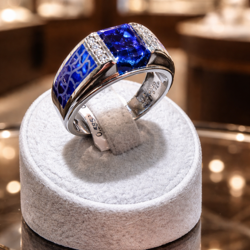 14 AYAR İTALYAN MODEL KENARLARI LACİVERT ÇATLATMA MİNE, ORTA TAŞ SAFİR VE PIRLANTA BEYAZ ALTIN ERKEK