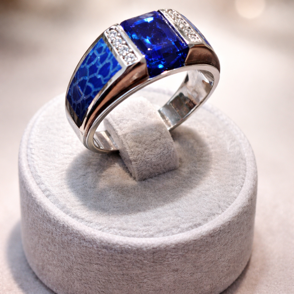 14 AYAR İTALYAN MODEL KENARLARI LACİVERT ÇATLATMA MİNE, ORTA TAŞ SAFİR VE PIRLANTA BEYAZ ALTIN ERKEK