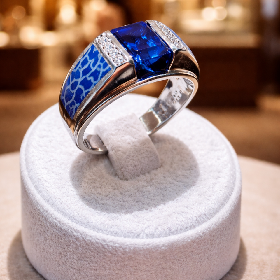 14 AYAR İTALYAN MODEL KENARLARI LACİVERT ÇATLATMA MİNE, ORTA TAŞ SAFİR VE PIRLANTA BEYAZ ALTIN ERKEK