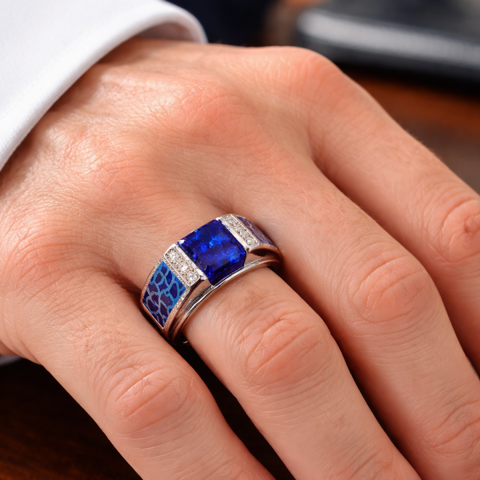 14 AYAR İTALYAN MODEL KENARLARI LACİVERT ÇATLATMA MİNE, ORTA TAŞ SAFİR VE PIRLANTA BEYAZ ALTIN ERKEK