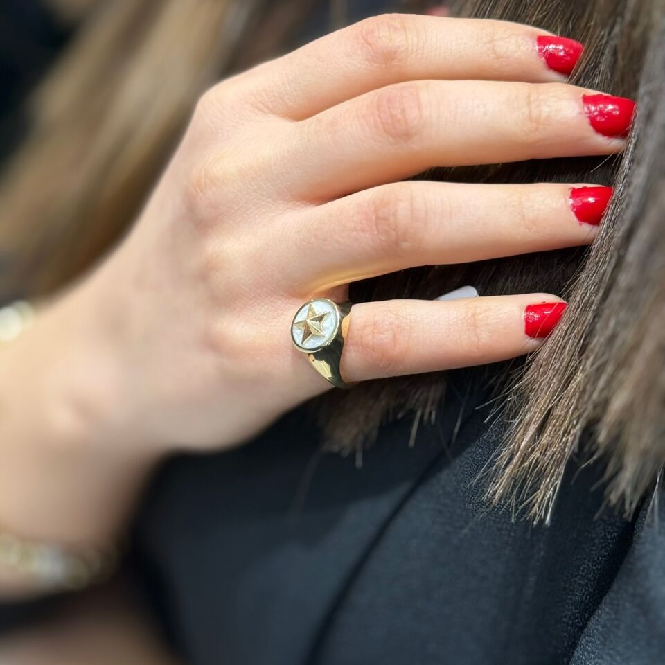 14 AYAR MİNELİ YILDIZ MOTİFLİ ÖZEL TASARIM ŞÖVALYE ALTIN YÜZÜK