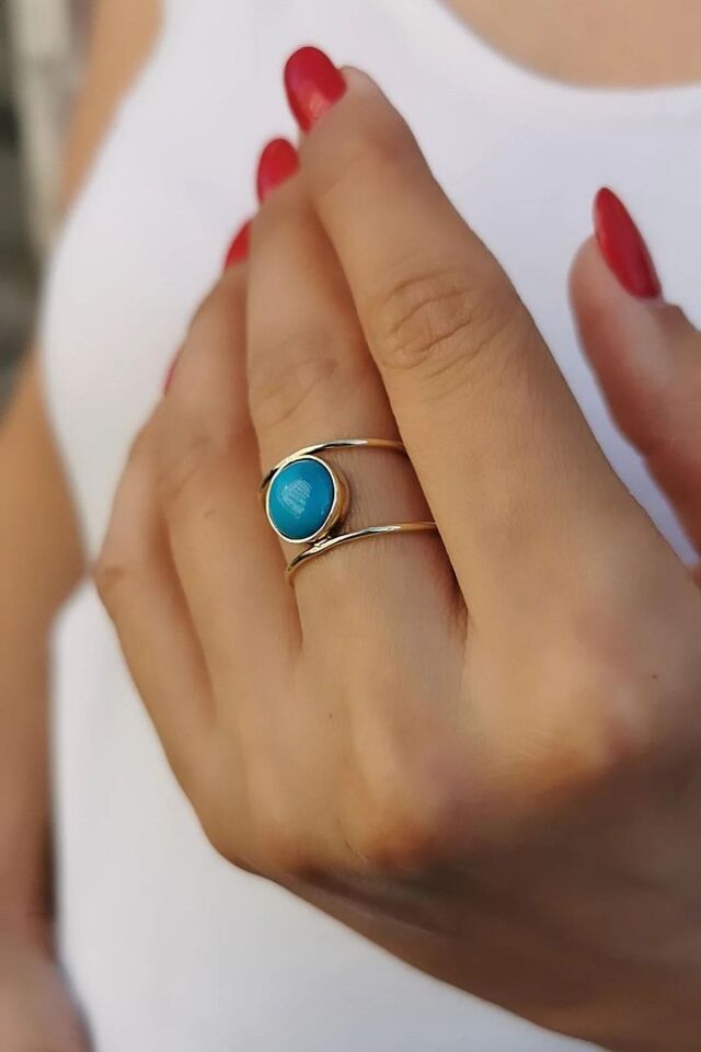 14 Ayar El Yapımı Firuze Taşlı Çift Sıra Altın Yüzük 18