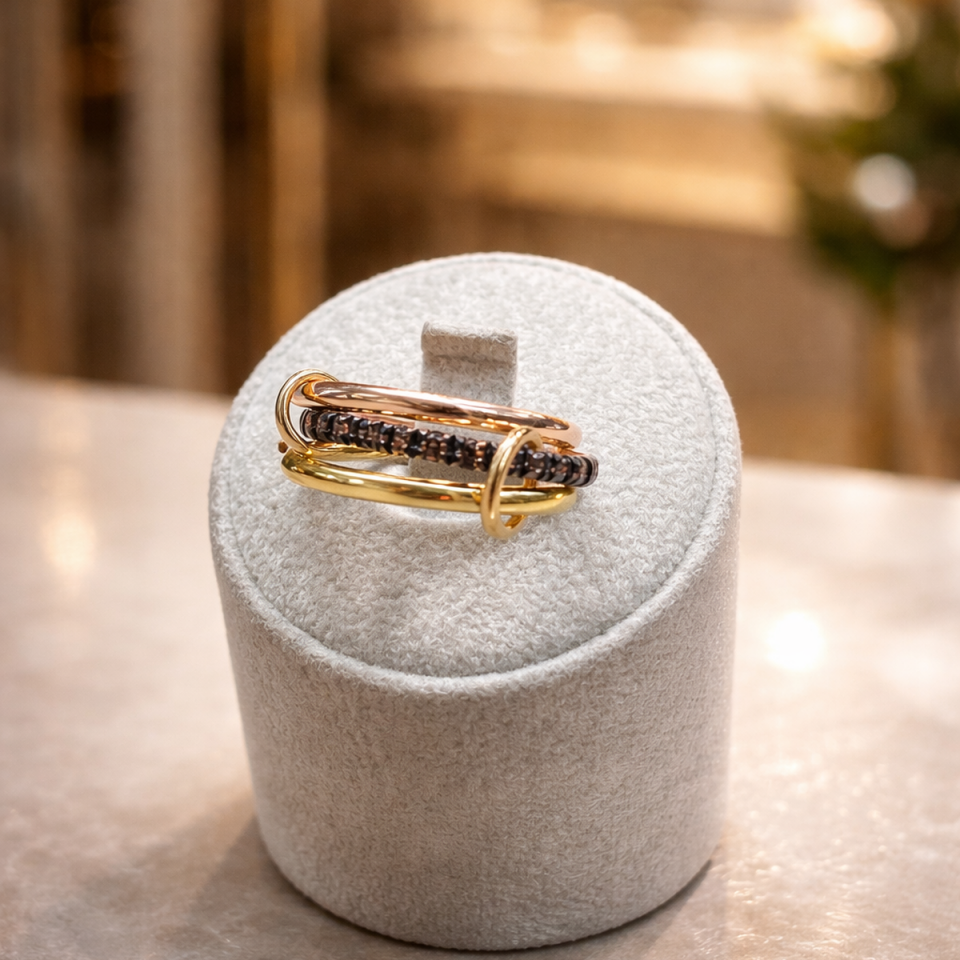 14 AYAR ÖZEL TASARIM HALKALI TAMTURLU SMOKY KAHVERENGİ TAŞLI ALTIN YÜZÜK