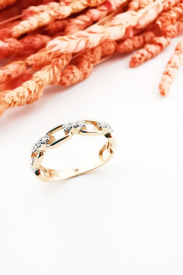 14 Ayar 0,12 Ct Pırlanta Taşlı Zincir Tasarım Rose Altın Yüzük 15