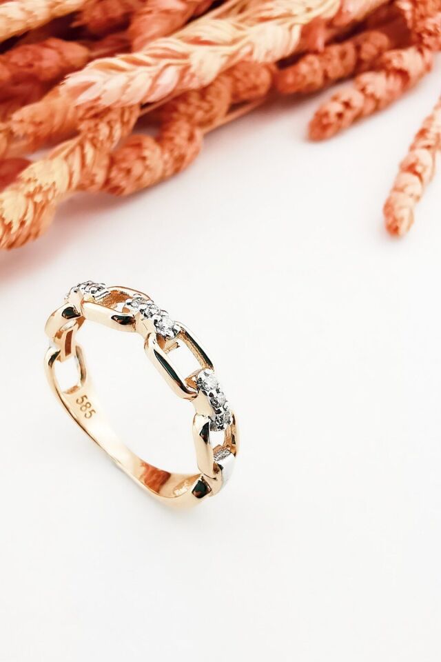 14 Ayar 0,12 Ct Pırlanta Taşlı Zincir Tasarım Rose Altın Yüzük 15