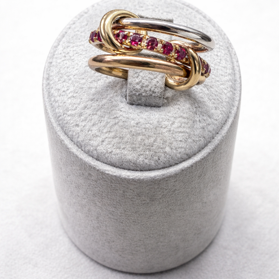 14 AYAR ÖZEL TASARIM HALKALI TAMTURLU YAKUT RENGİ KRİSTAL TAŞLI ALTIN YÜZÜK