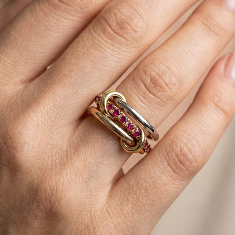 14 AYAR ÖZEL TASARIM HALKALI TAMTURLU YAKUT RENGİ KRİSTAL TAŞLI ALTIN YÜZÜK