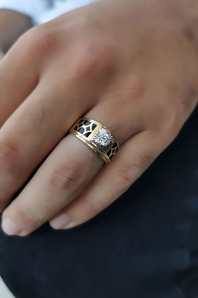 14 AYAR İTALYAN MODEL SİYAH MİNELİ ÖZEL TASARIM ALTIN YÜZÜK 25