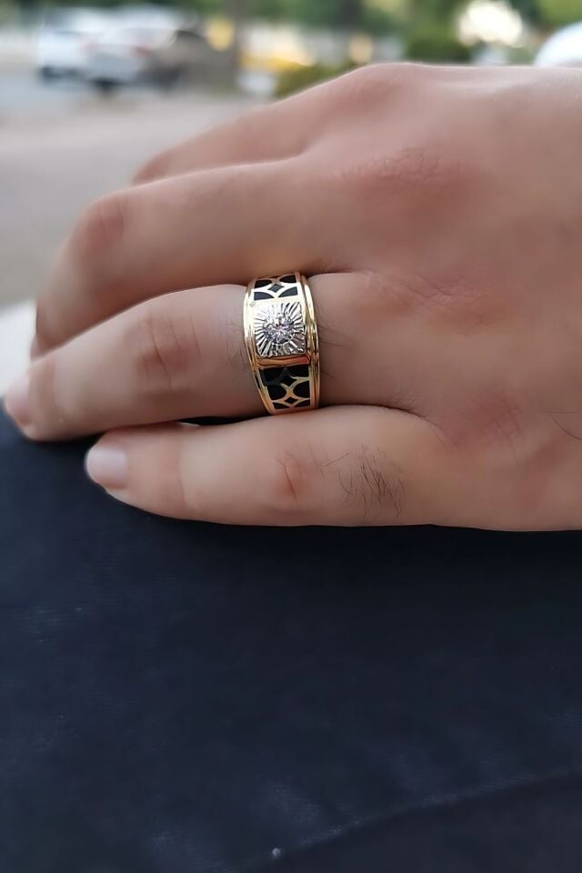 14 AYAR İTALYAN MODEL SİYAH MİNELİ ÖZEL TASARIM ALTIN YÜZÜK 23