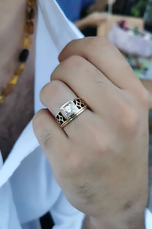 14 AYAR İTALYAN MODEL SİYAH MİNELİ ÖZEL TASARIM ALTIN YÜZÜK 23