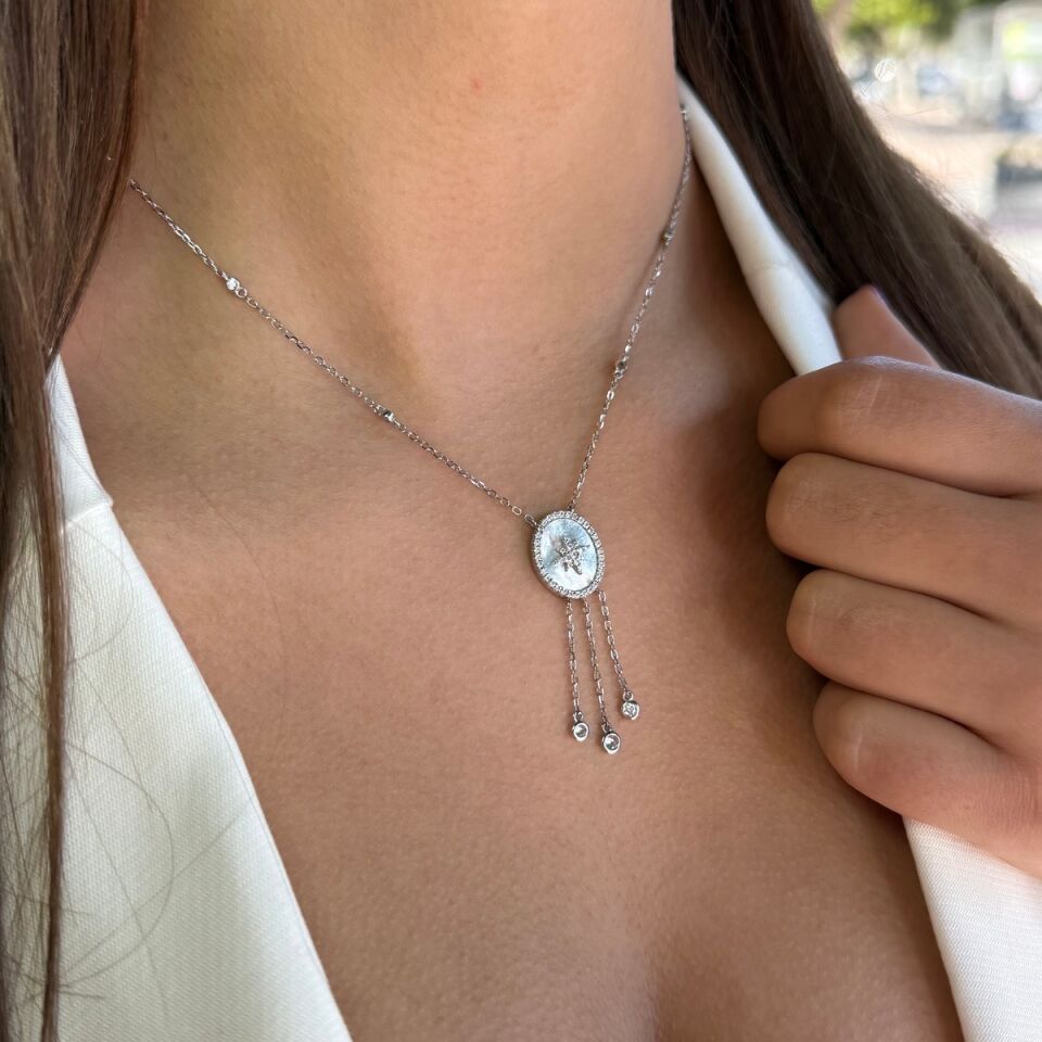 925 AYAR İTALYAN GÜMÜŞ ROSE RENGİ KUTUPYILDIZLI SEDEF TAŞLI KOLYE VE KÜPE