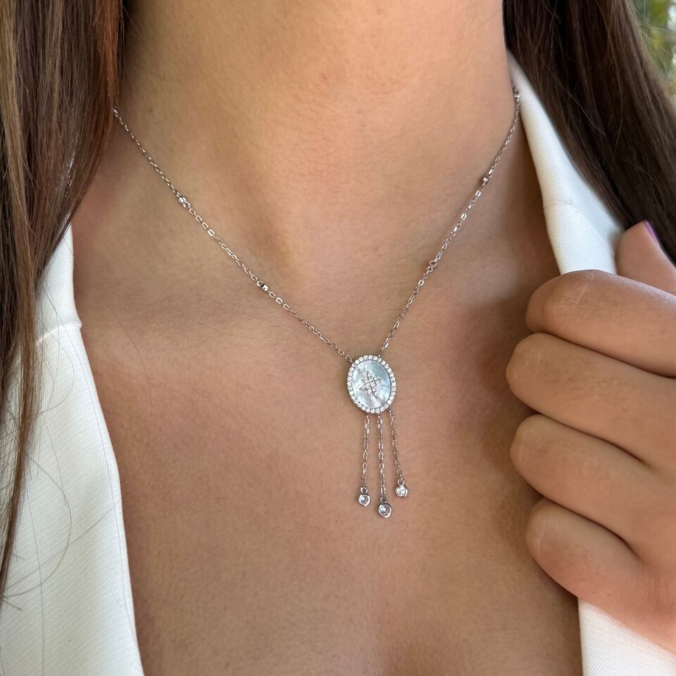 925 AYAR İTALYAN GÜMÜŞ ROSE RENGİ KUTUPYILDIZLI SEDEF TAŞLI KOLYE VE KÜPE