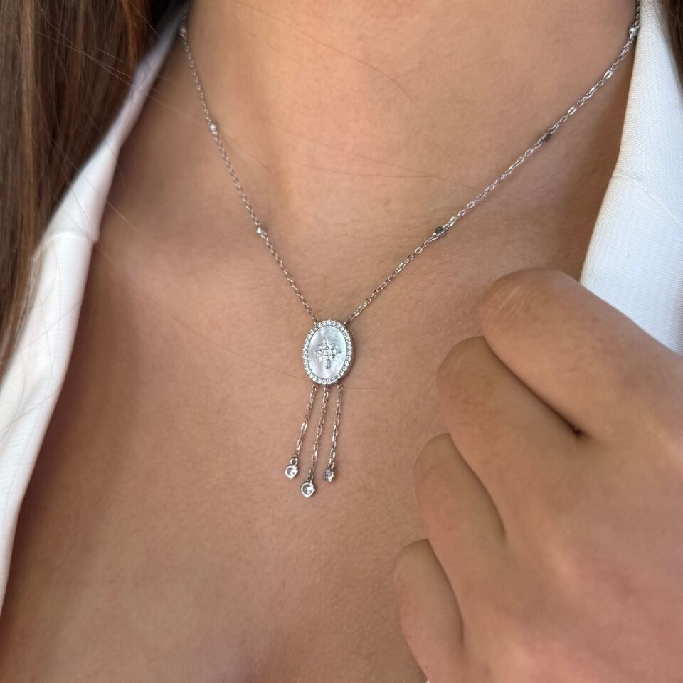 925 AYAR İTALYAN GÜMÜŞ ROSE RENGİ KUTUPYILDIZLI SEDEF TAŞLI KOLYE VE KÜPE