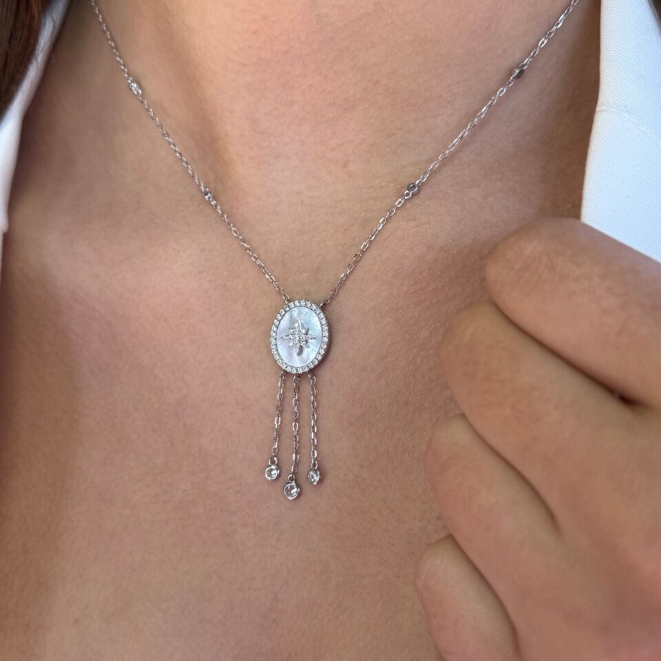 925 AYAR İTALYAN GÜMÜŞ ROSE RENGİ KUTUPYILDIZLI SEDEF TAŞLI KOLYE VE KÜPE