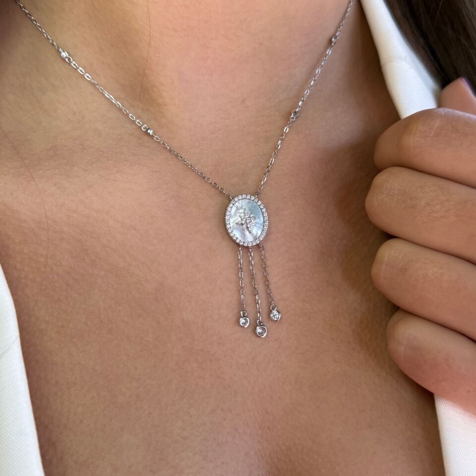 925 AYAR İTALYAN GÜMÜŞ ROSE RENGİ KUTUPYILDIZLI SEDEF TAŞLI KOLYE VE KÜPE