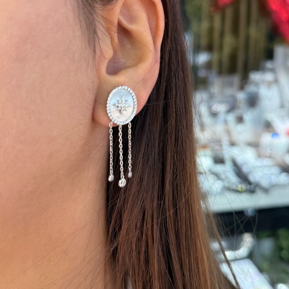 925 AYAR İTALYAN GÜMÜŞ ROSE RENGİ KUTUPYILDIZLI SEDEF TAŞLI KOLYE VE KÜPE