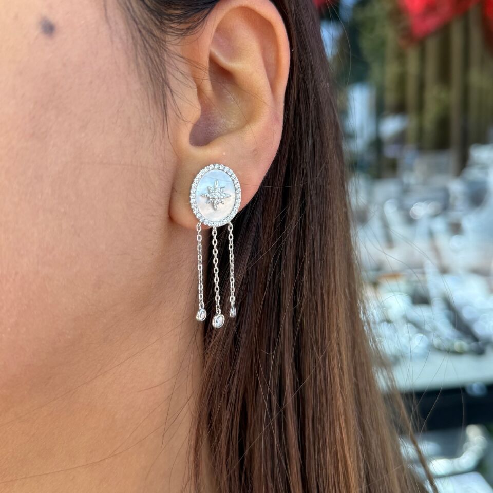 925 AYAR İTALYAN GÜMÜŞ ROSE RENGİ KUTUPYILDIZLI SEDEF TAŞLI KOLYE VE KÜPE