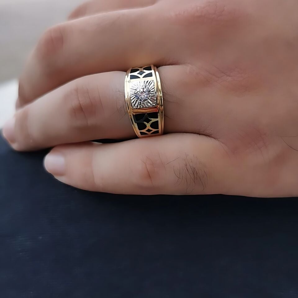 14 AYAR İTALYAN MODEL SİYAH MİNELİ ÖZEL TASARIM ALTIN YÜZÜK