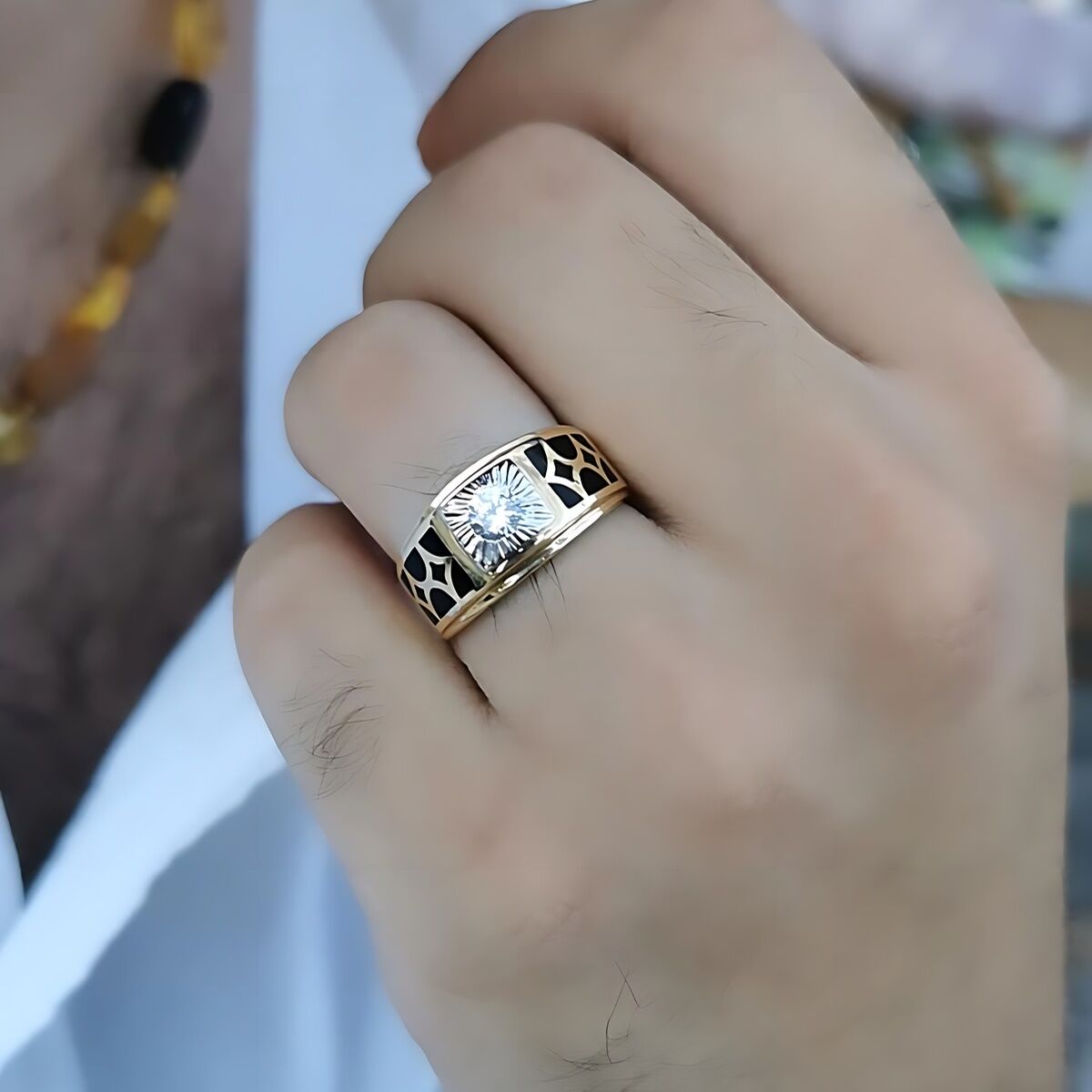 14 AYAR İTALYAN MODEL SİYAH MİNELİ ÖZEL TASARIM ALTIN YÜZÜK