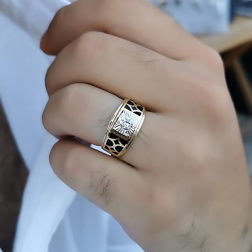 14 AYAR İTALYAN MODEL SİYAH MİNELİ ÖZEL TASARIM ALTIN YÜZÜK