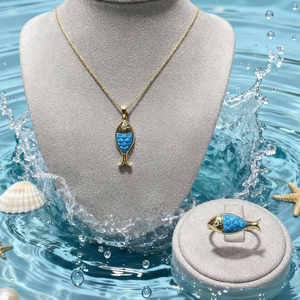 14 AYAR ÖZEL TASARIM FİRUZE TAŞLI BALIK YÜZÜK