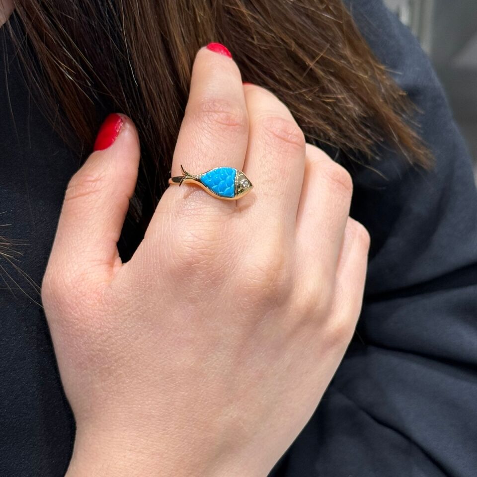 14 AYAR ÖZEL TASARIM FİRUZE TAŞLI BALIK YÜZÜK