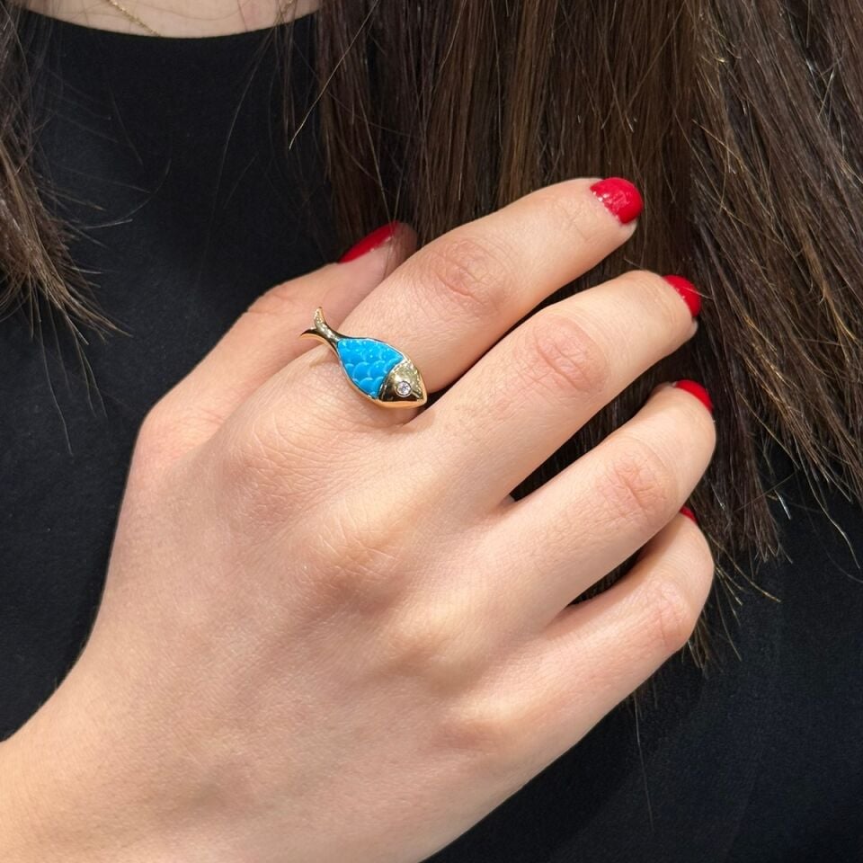 14 AYAR ÖZEL TASARIM FİRUZE TAŞLI BALIK YÜZÜK