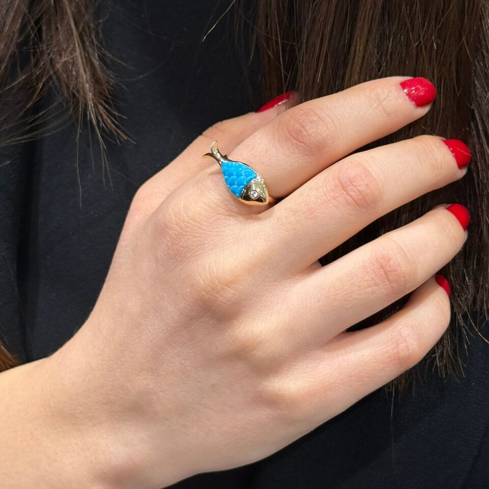 14 AYAR ÖZEL TASARIM FİRUZE TAŞLI BALIK YÜZÜK