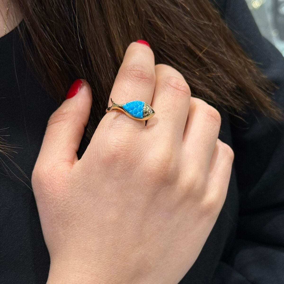 14 AYAR ÖZEL TASARIM FİRUZE TAŞLI BALIK YÜZÜK