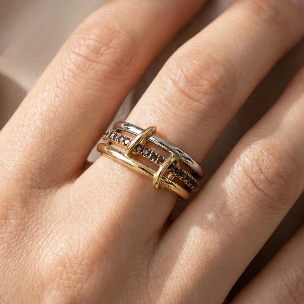 14 AYAR ÖZEL TASARIM HALKALI TAMTURLU SMOKY KAHVERENGİ TAŞLI ALTIN YÜZÜK