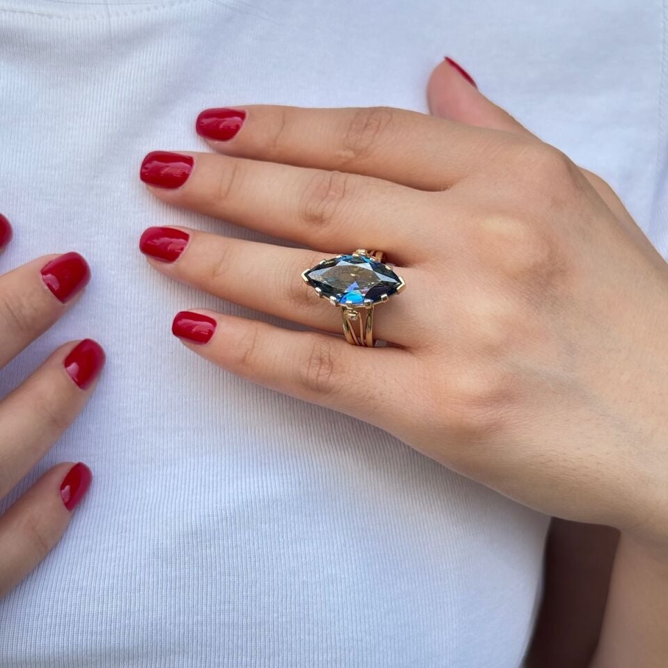 14 AYAR MİSTİK TOPAZ ÖZEL TASARIM MEKİK MODEL ALTIN YÜZÜK