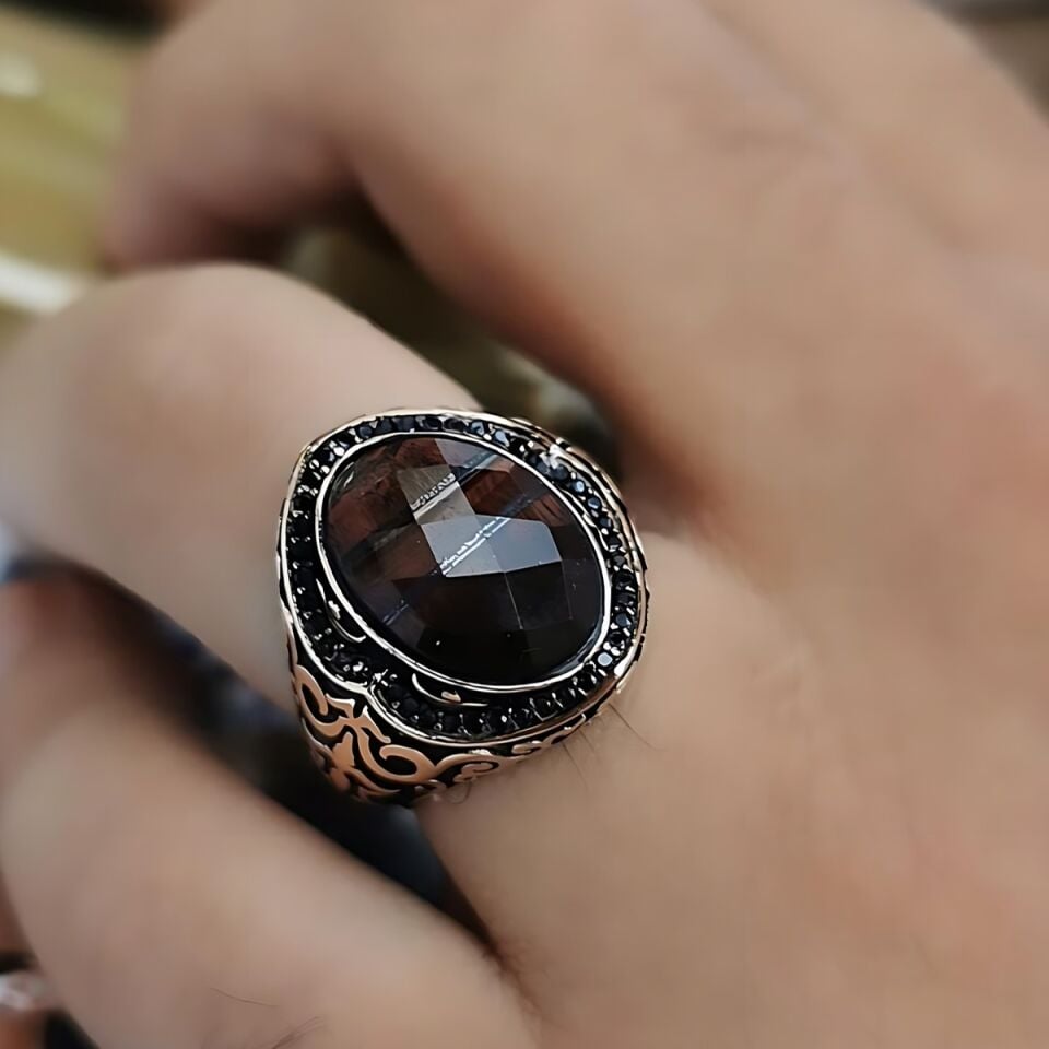 14 AYAR İTALYAN TASARIM KAPLANGÖZÜ KRİSTAL KAHVERENGİ TAŞLI ROSE ALTIN YÜZÜK