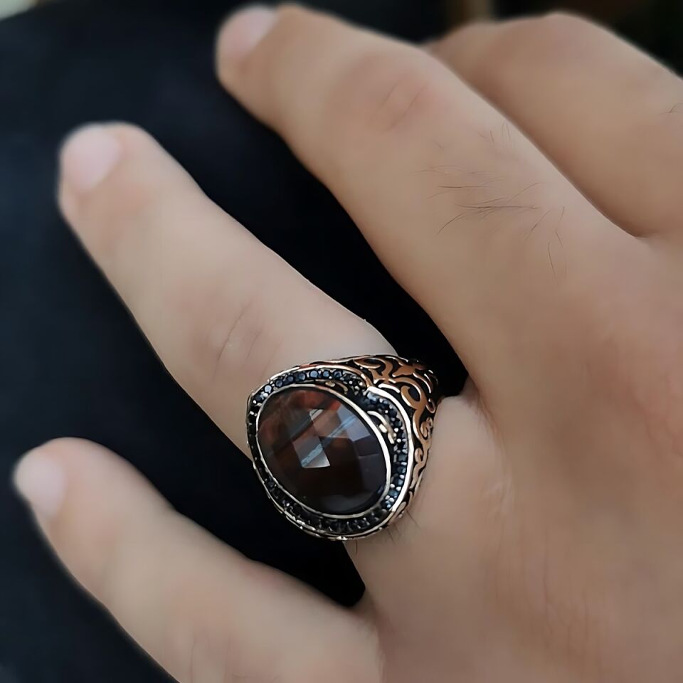14 AYAR İTALYAN TASARIM KAPLANGÖZÜ KRİSTAL KAHVERENGİ TAŞLI ROSE ALTIN YÜZÜK