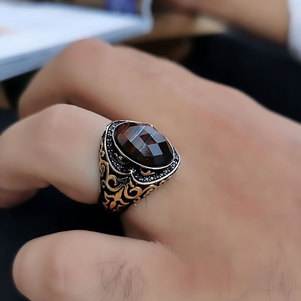 14 AYAR İTALYAN TASARIM KAPLANGÖZÜ KRİSTAL KAHVERENGİ TAŞLI ROSE ALTIN YÜZÜK