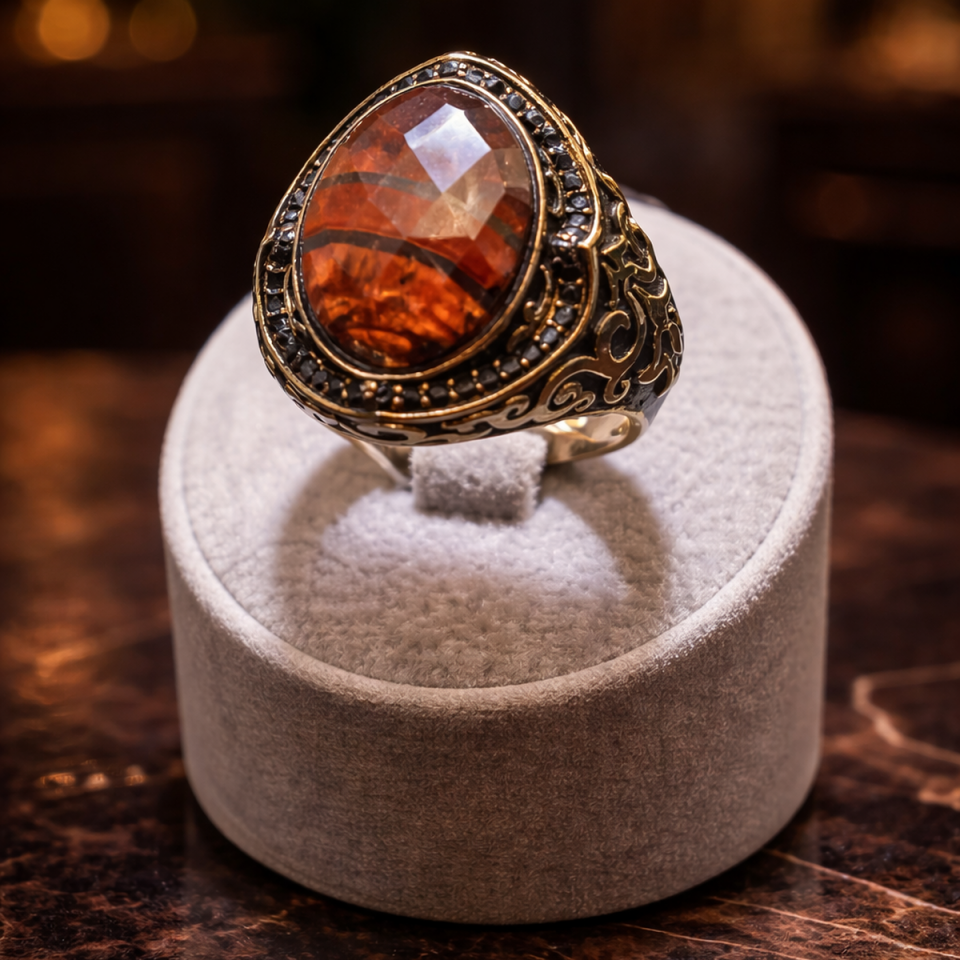 14 AYAR İTALYAN TASARIM KAPLANGÖZÜ KRİSTAL KAHVERENGİ TAŞLI ALTIN YÜZÜK