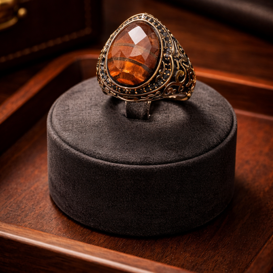 14 AYAR İTALYAN TASARIM KAPLANGÖZÜ KRİSTAL KAHVERENGİ TAŞLI ALTIN YÜZÜK