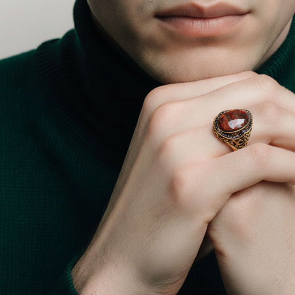 14 AYAR İTALYAN TASARIM KAPLANGÖZÜ KRİSTAL KAHVERENGİ TAŞLI ALTIN YÜZÜK