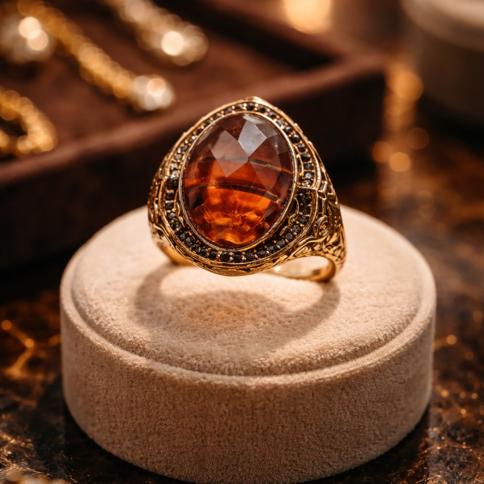 14 AYAR İTALYAN TASARIM KAPLANGÖZÜ KRİSTAL KAHVERENGİ TAŞLI ALTIN YÜZÜK