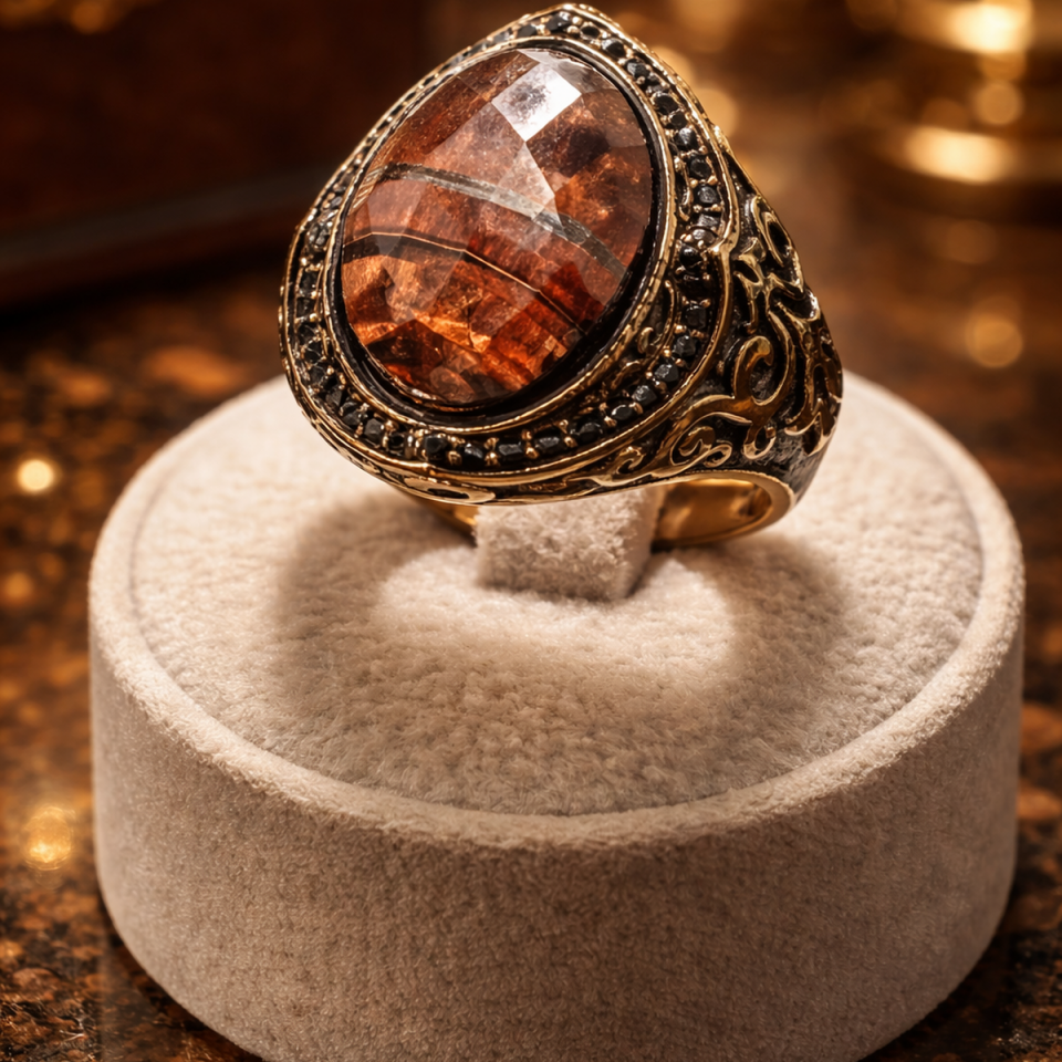 14 AYAR İTALYAN TASARIM KAPLANGÖZÜ KRİSTAL KAHVERENGİ TAŞLI ALTIN YÜZÜK