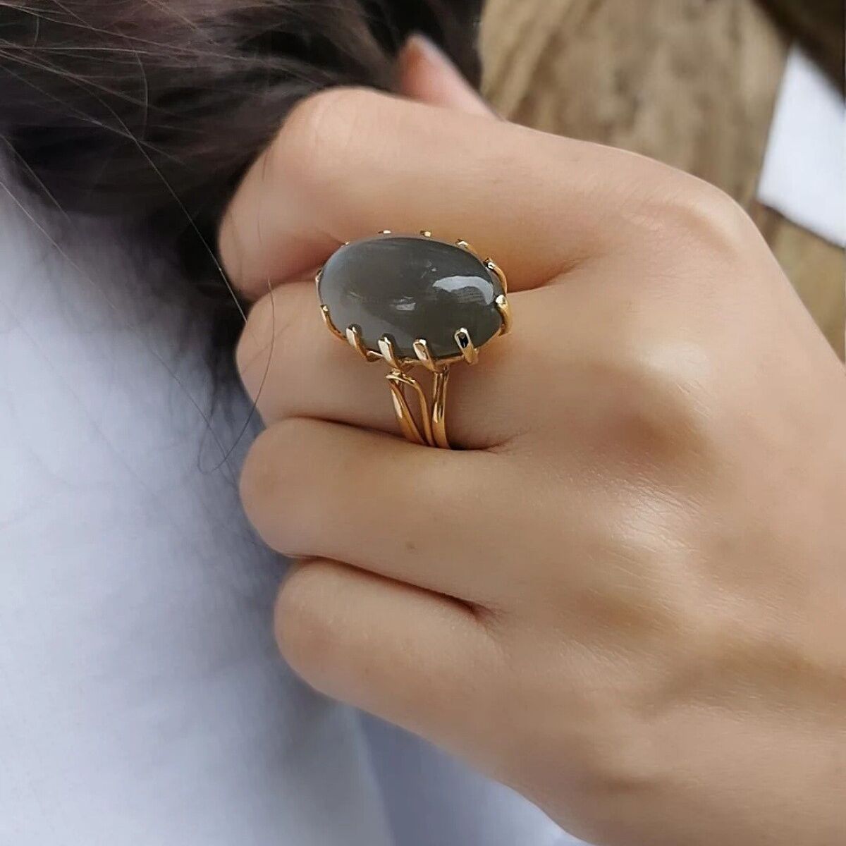 14 Ayar Duman Grisi Aytaşı Doğal Taşlı Altın Yüzük