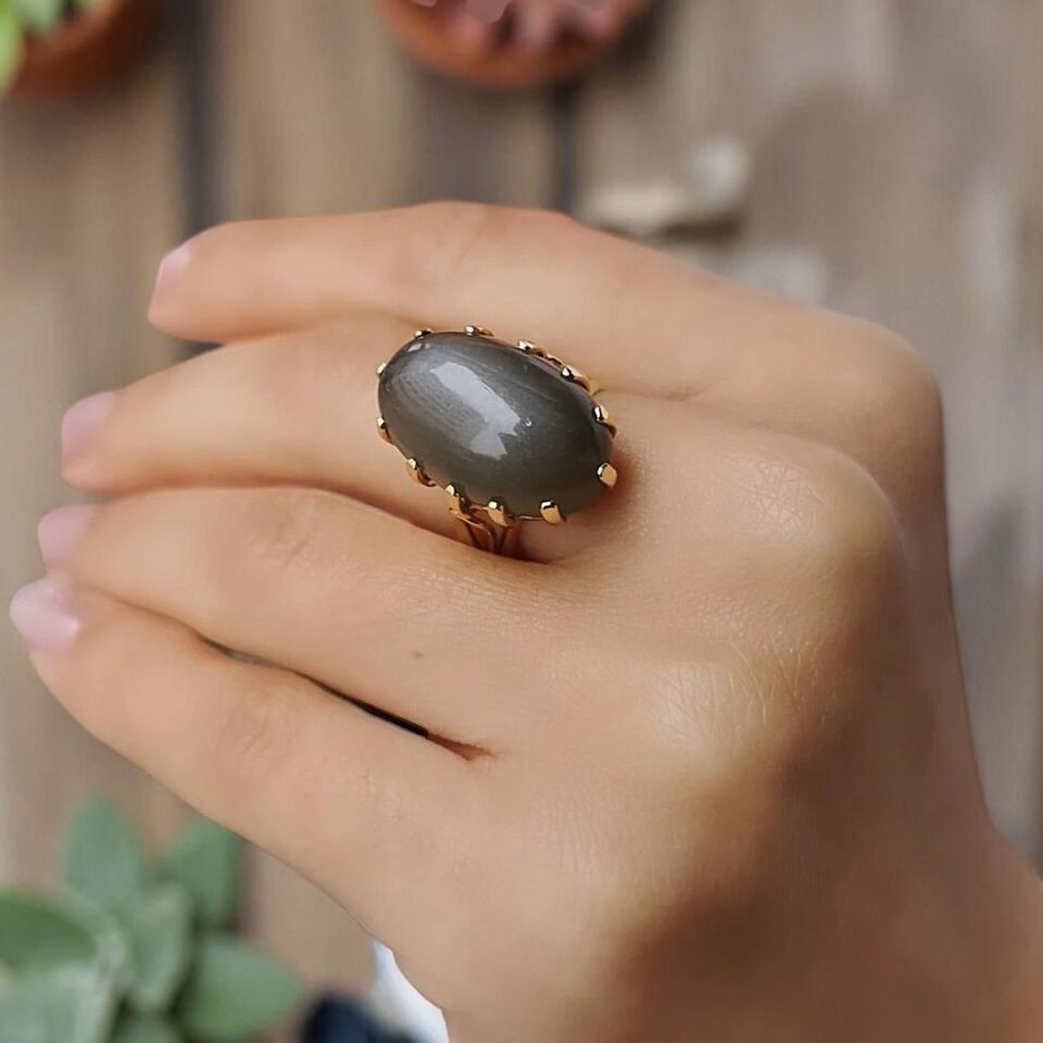 14 Ayar Duman Grisi Aytaşı Doğal Taşlı Altın Yüzük