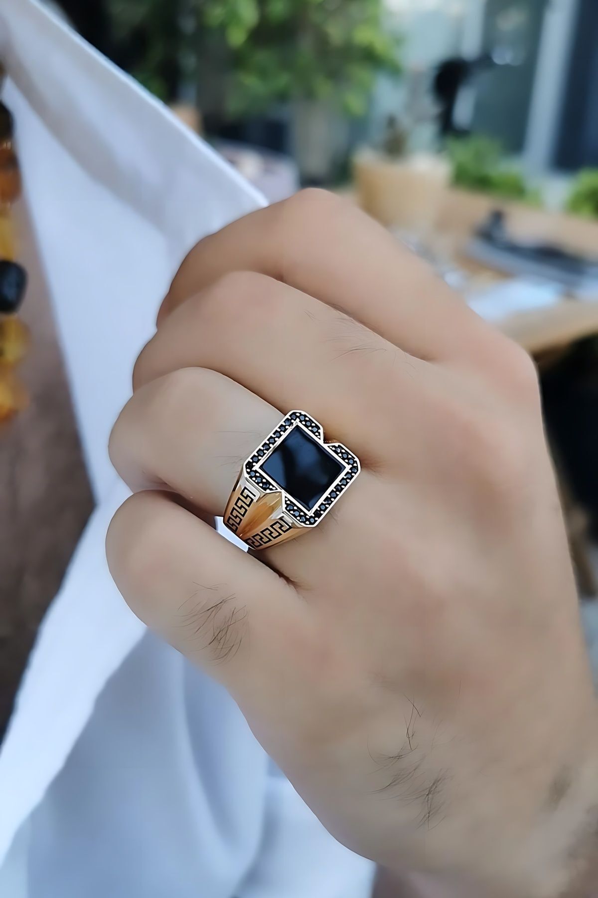 14 AYAR İTALYAN TASARIM GREEK DESEN SİYAH TAŞLI ALTIN ERKEK YÜZÜK 24