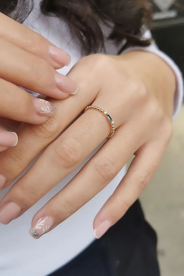 14 AYAR BAGET LACİVERT TAŞLI TOPTOP MİNİMAL YÜZÜK 16