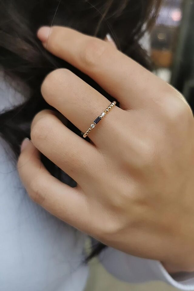 14 AYAR BAGET LACİVERT TAŞLI TOPTOP MİNİMAL YÜZÜK 16