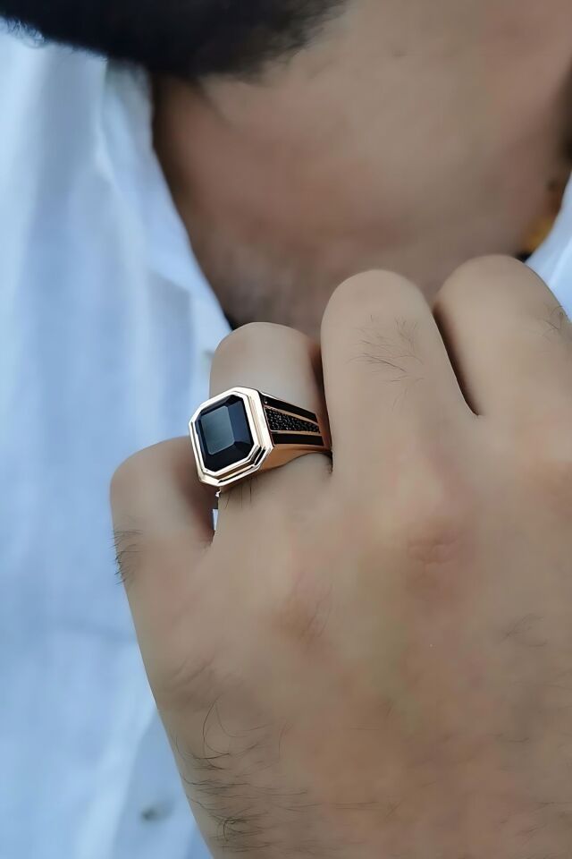 14 AYAR İTALYAN TASARIM GRİ SİYAH YANSIMALI KEDİGÖZÜ TAŞLI ROSE ALTIN ERKEK YÜZÜK 24