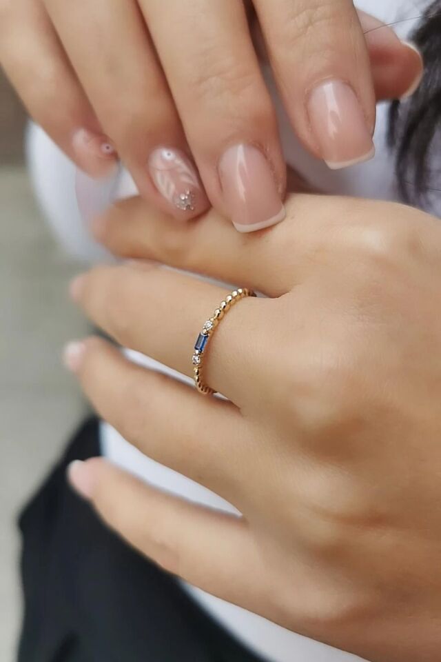 14 AYAR BAGET LACİVERT TAŞLI TOPTOP MİNİMAL YÜZÜK 15