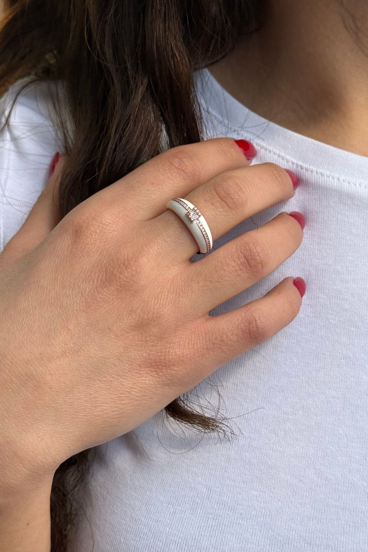 925 AYAR BEYAZ MİNELİ ROSE RENGİ İTALYAN GÜMÜŞ YÜZÜK 16