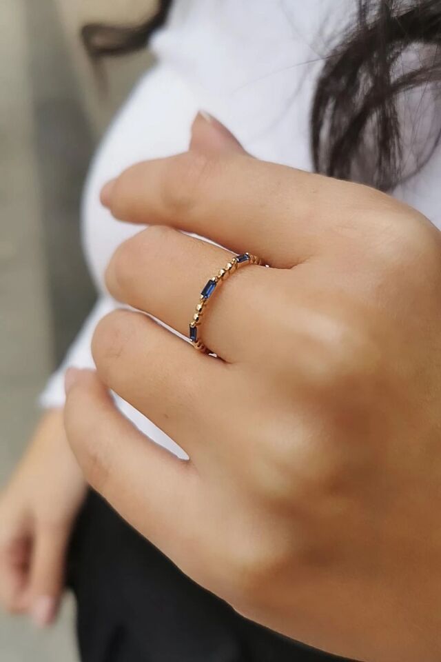 14 AYAR BAGET LACİVERT TAŞLI TOPTOP MİNİMAL YÜZÜK 16